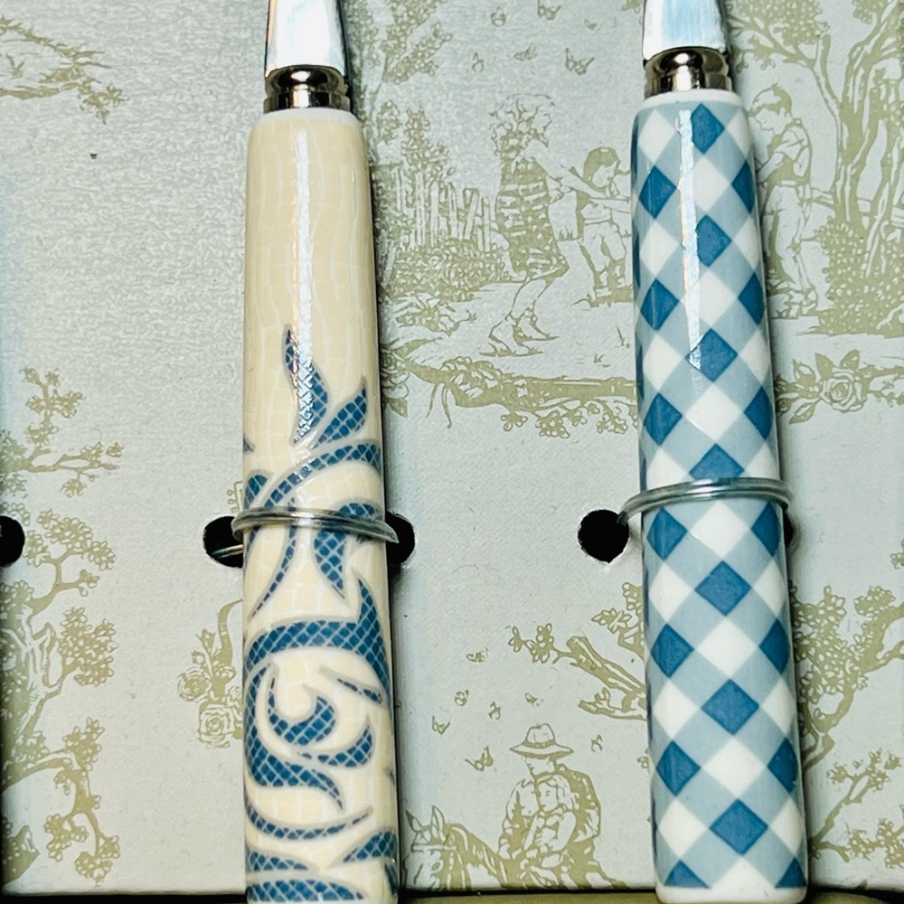 4 Dolly Parton Ceramic Handle Appetizer Forks Blue Flowers Gingham Butterfly - Picture 3 of 8